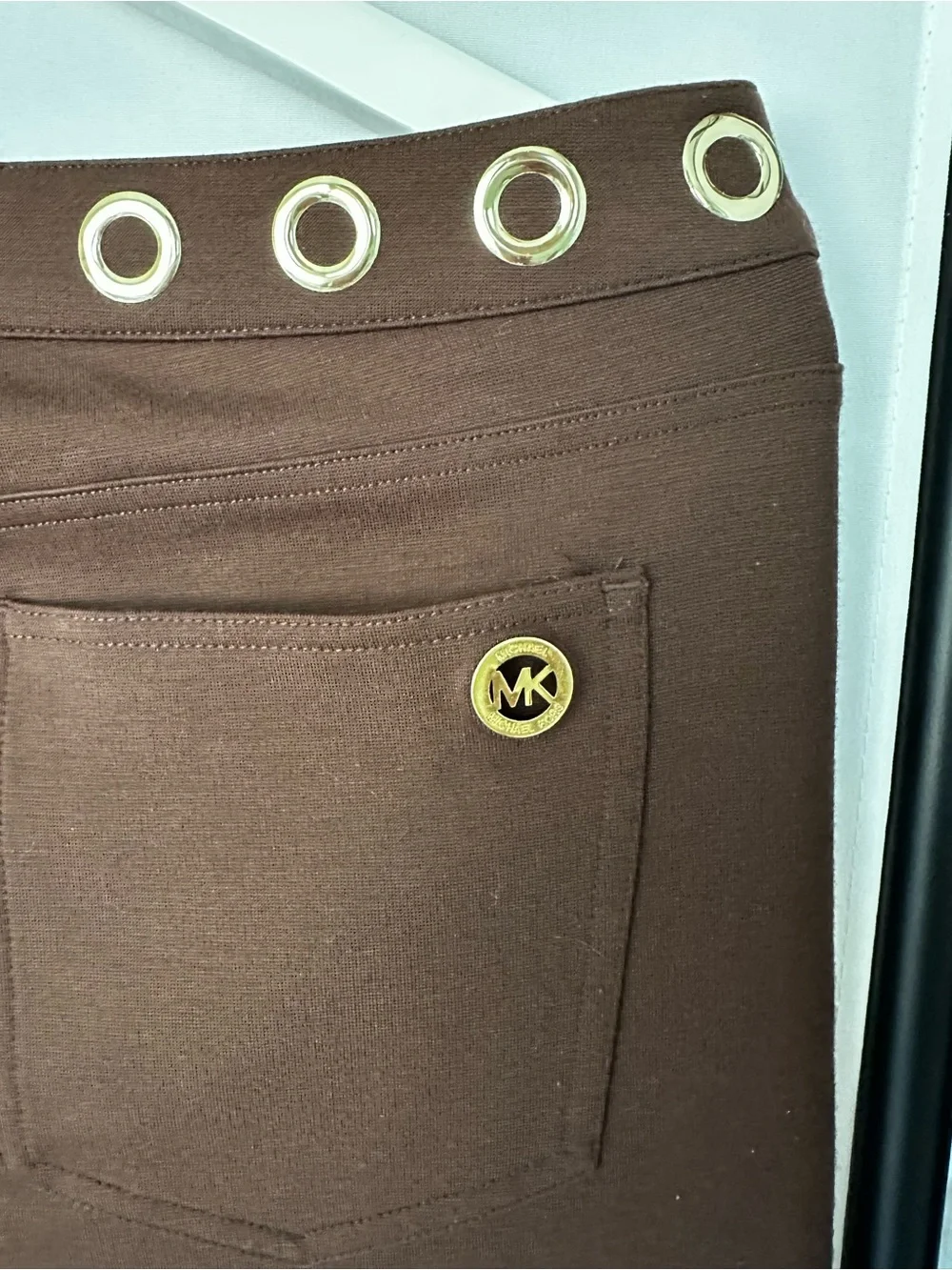 Michael Kors Chocolate Brown Ponte Skinny Pants with Grommet Detail